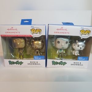 Lot of 2 Hallmark Gold Ornament Funko POP RICK & SNOWBALL Walmart Exclusive 2022